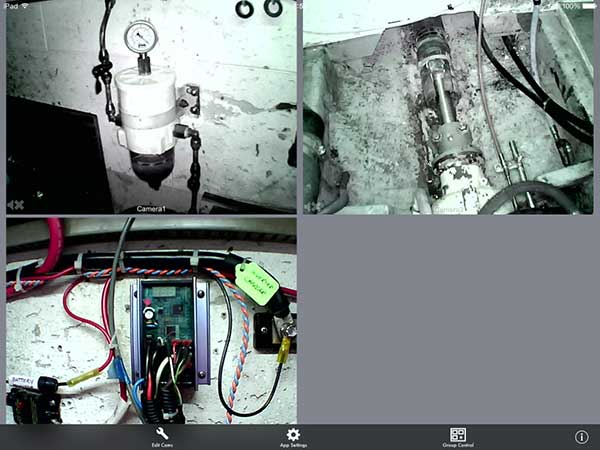 Screen showing multiple IP camera images monitoring engine room systems